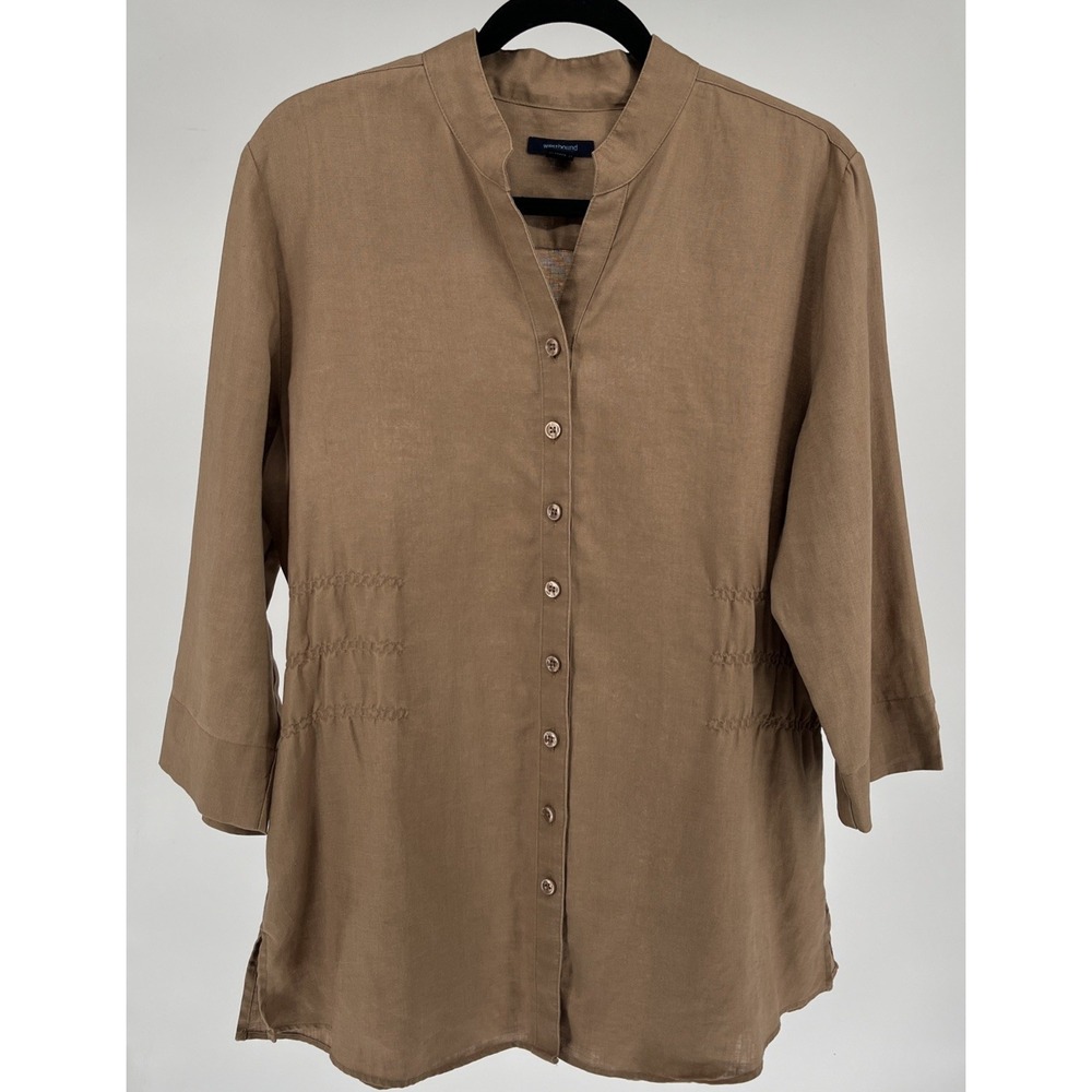 Westbound Linen Top Mandarin Collar Pleated Waist Minimalist Quiet Luxury Sz 14 - Picture 2 of 8